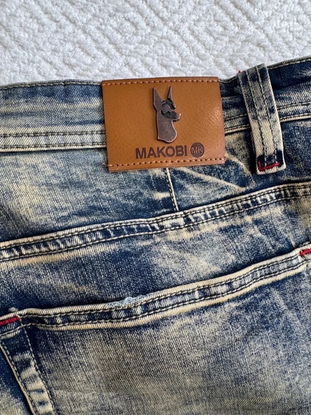 Makobi Washed Distressed Men's Straight Jeans with Pink Side Stripe Sz 48